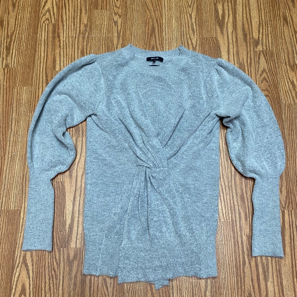 Womens MISS ME medium cross front crew neck sweater grey